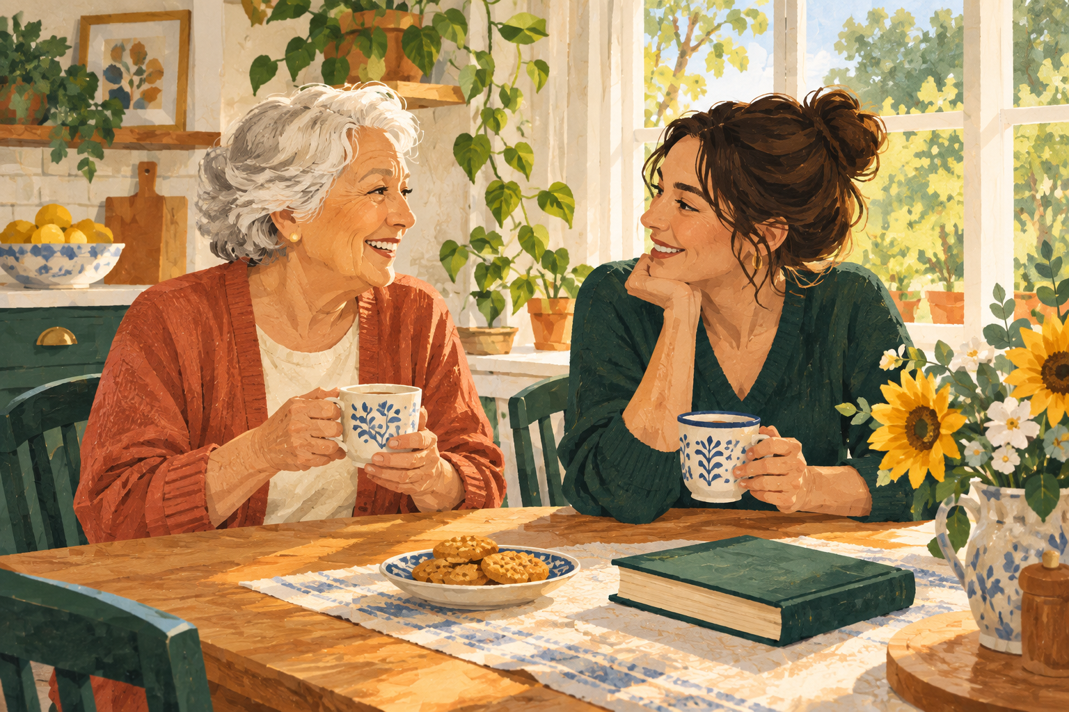 Illustration of an older adult and a companion enjoying a conversation over tea.